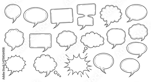 Collection of diverse hand-drawn speech bubble outlines, perfect for graphic design, illustration, comics, and digital content creation. Features editable stroke for customization, ideal for books