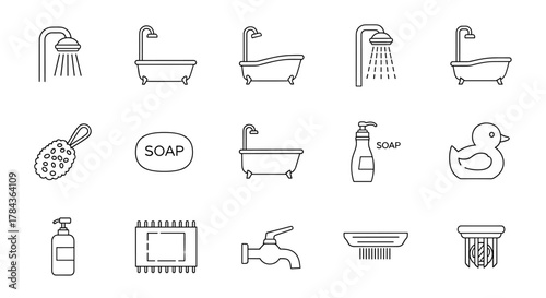 Set of thin line icons representing shower, bathtub, soap dispenser, bar soap, bath sponge, rubber duck, bath mat, faucet, comb, and shower head, perfect for graphic and web design, apps, adverts