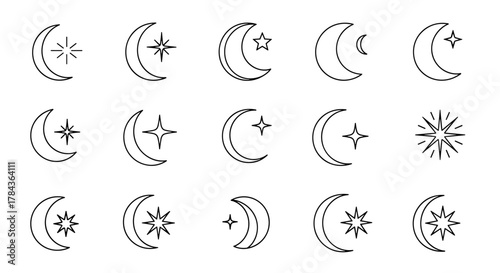 Collection of thin line icons featuring crescent moons and stars, perfect for web, books, cards, and apps. This editable stroke vector cartoon illustration set includes various celestial bodies