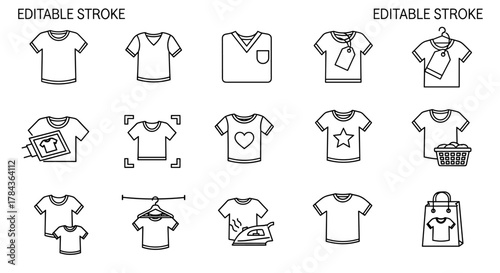 Set of T-Shirt Related Icons with Editable Stroke, Perfect for Websites, Books, Cards, and Apps. Vector Cartoon Illustration on a White Background, Featuring Various T-Shirt Designs and Related