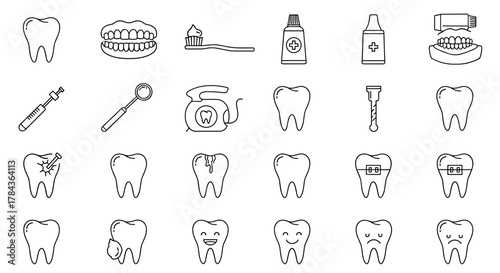 A comprehensive collection of line art icons representing teeth and dental care, featuring healthy teeth, cavities, braces, dental tools, toothpaste, and toothbrush, perfect for graphic design, web
