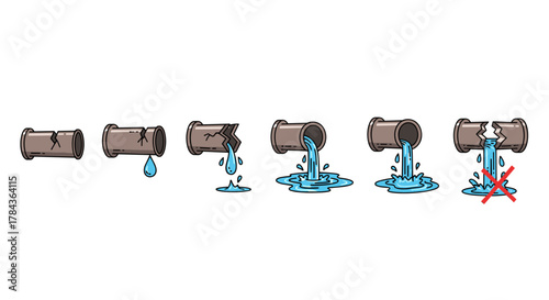 Set of cartoon illustrations depicting a broken pipe with water leaking, showing progression from a small crack to a significant leak and a prohibition sign, symbolizing plumbing issues, water