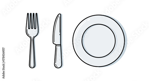 Clean vector illustration of a fork, knife, and plate set against a crisp white background, symbolizing dining, food, and culinary concepts. This graphic is perfect for apps, websites, and design