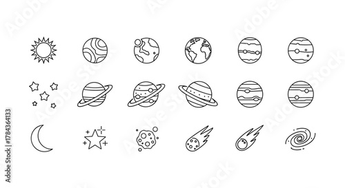 A collection of thin line icons representing planets, celestial bodies, and cosmic phenomena, including the sun, various planets with rings and stripes, Earth, stars, a crescent moon, asteroids