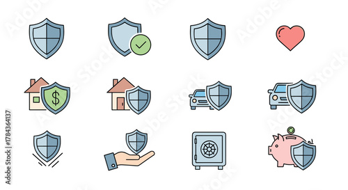 Set of thin line icons representing shield and insurance concepts, including protection for home, car, money, and health, alongside a safe and a piggy bank, perfect for graphic design, web, apps, and