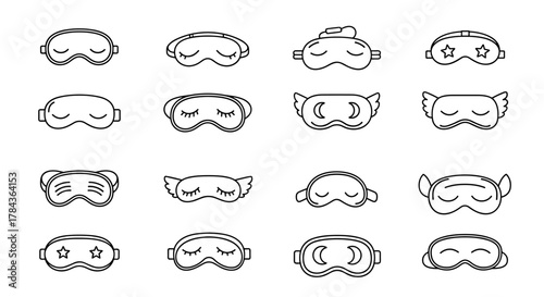 Collection of 16 simple line art sleep mask icons, featuring diverse designs like stars, moons, eyelashes, and wings, presented on a clean white background, perfect for sleep, relaxation, and travel