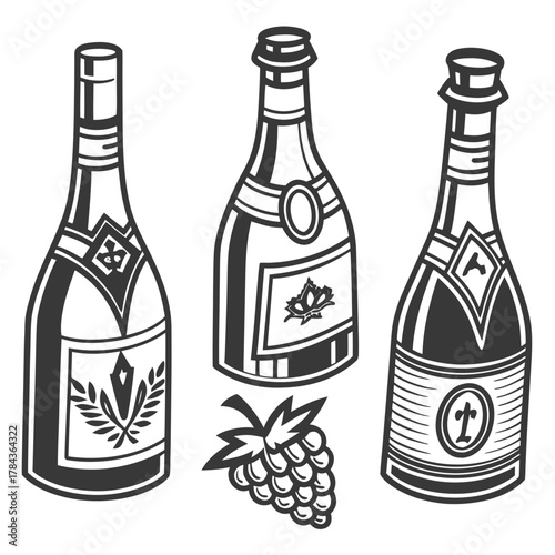 Three stylized alcohol bottles and grape bunch icons