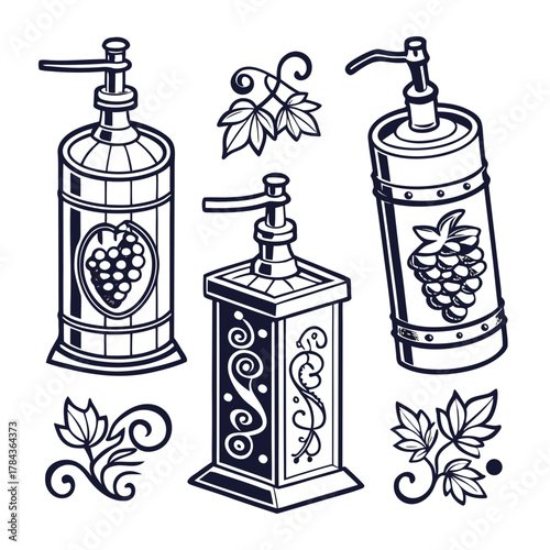 Three vintage pump bottles with grape motifs and decorative elements