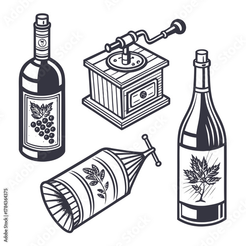 Vintage alcohol bottles and coffee grinder icons wine bottle