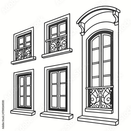 Collection of five detailed architectural window icons