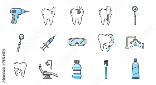 A vibrant collection of minimalistic cartoon dental icons, perfect for web and graphic design, apps, banners, social networks, and cards. This vector illustration features essential dental tools and