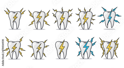Collection of cartoon tooth illustrations with lightning bolts, symbolizing pain, sensitivity, or energy, in yellow and blue, set against a clean white background, perfect for dental health