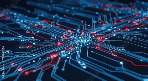 Futuristic digital circuit board background with glowing blue and red lines and nodes, symbolizing advanced technology, data flow, innovation, complex electronics, and seamless connectivity in a