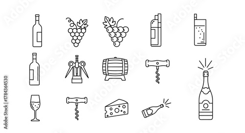 A collection of simple, outline-style line icons representing various elements associated with wine and alcoholic beverages, including bottles, grapes, a wine barrel, corkscrews, a cheese wedge, a