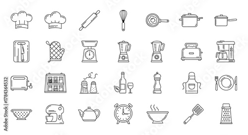 A comprehensive collection of outline icons representing cooking and kitchen essentials, featuring a clean, linear design with editable strokes. This vector illustration set includes a variety of