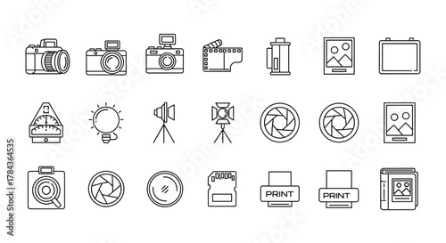 A comprehensive collection of outline vector icons representing photography equipment and concepts, featuring cameras, lenses, film rolls, light meters, spotlights, and printing devices, all rendered