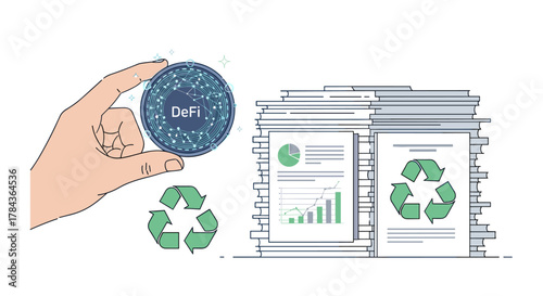 Decentralized Finance (DeFi) coin held in hand, symbolizing financial innovation and sustainability, alongside stacks of documents featuring charts and recycling symbols, representing eco-friendly
