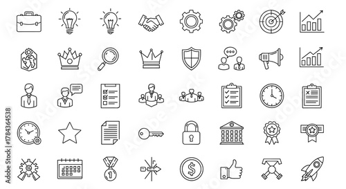 A comprehensive collection of outline icons representing key business and management concepts, including leadership, administration, supervision, governance, and strategic planning, presented with a