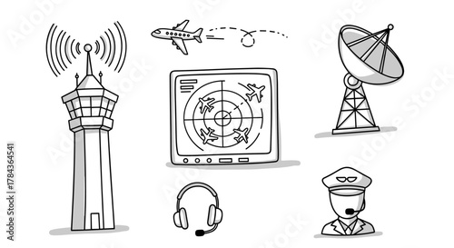 Hand-drawn doodle illustration of air traffic control elements including a radar screen with airplanes, a control tower with radio waves, a satellite dish, an airplane icon, a headset, and a pilot