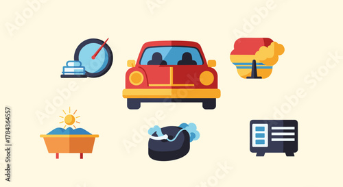 Set of flat design icons representing business strategy and progress, including a speedometer indicating speed, a red car symbolizing transportation, a smoking chimney representing industry or
