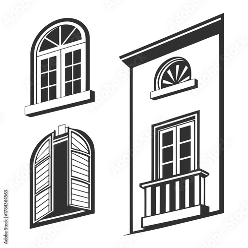 Four black and white architectural window icons building