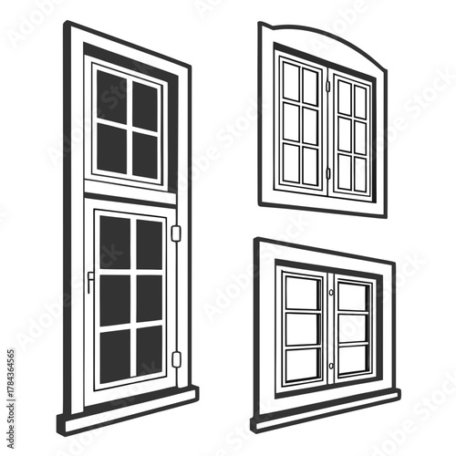 Four black silhouette window icons with white panes