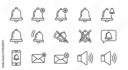 Collection of thin line icons representing bells, notifications, and sound alerts, suitable for web, apps, and print design. Includes ringing bells, starred notifications, muted bells, sound waves