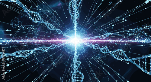 Abstract high technology and science background with glowing DNA strands and interconnected nodes, representing genetic research, biotechnology, and futuristic innovation in a vibrant blue and purple