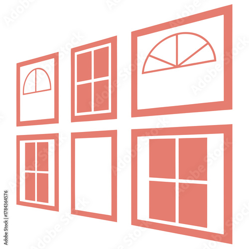 Four coral window icons with different pane designs