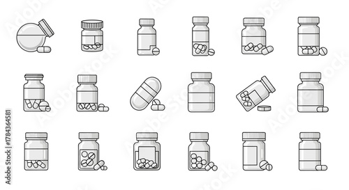 Collection of diverse medicine bottles and pills icons, featuring various shapes and sizes of containers and capsules, perfect for UI design, placards, books, and apps, with editable stroke for web