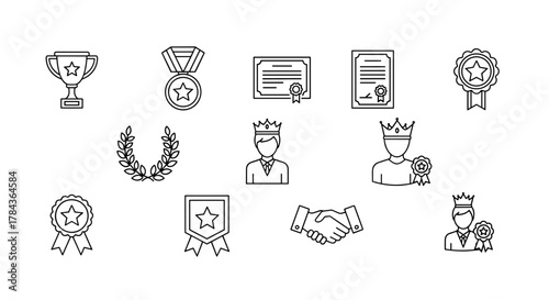 Collection of minimalistic outline icons representing awards and achievements, including trophies, medals, certificates, laurel wreaths, crowned figures, and handshakes, perfect for web, graphic