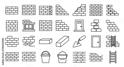 Collection of Building and Construction Related Line Icons: Featuring Brick Walls, Stairs, Doors, Ladders, Trowels, and Buckets of Sand, Perfect for Graphic Design, Web Development, Apps