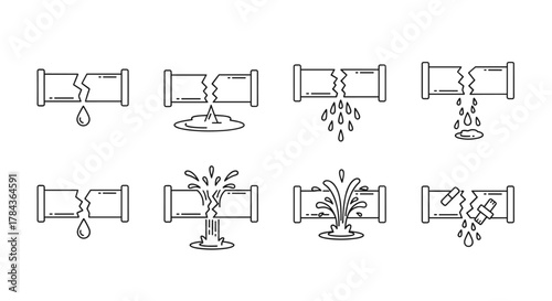 Set of minimalistic thin outline icons depicting broken pipes with various water leak scenarios, including drips, splashes, and patched repairs, ideal for web, graphic design, apps, banners, social
