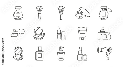 Collection of simple outline icons representing beauty and cosmetic products, including perfume bottles, makeup brushes, compact powders, lipsticks, a skincare tube, a dispenser bottle, and a