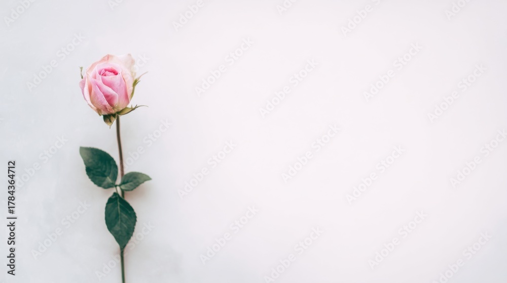 Fototapeta premium A single pink rose blooms elegantly against a pristine white backdrop, showcasing delicate petals and vibrant color.