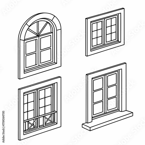 Four outline window icons in isometric view architectural