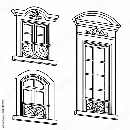 Four ornate architectural window designs in black outline