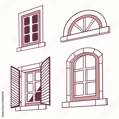 Four simple window icons with shutters and arched top