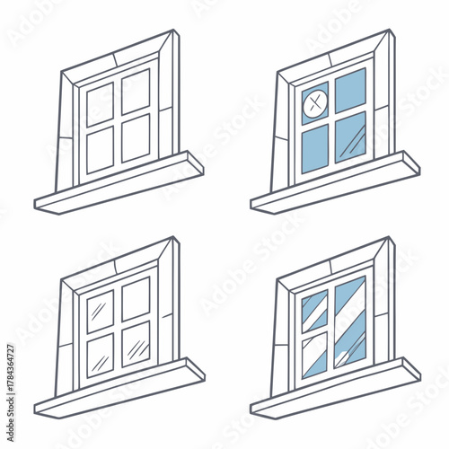 Four window icons with subtle blue glass reflections