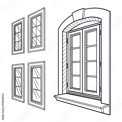 Four window outlines and one arched window with sill