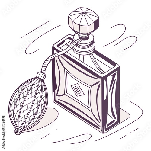 Isometric perfume bottle with atomizer bulb vector