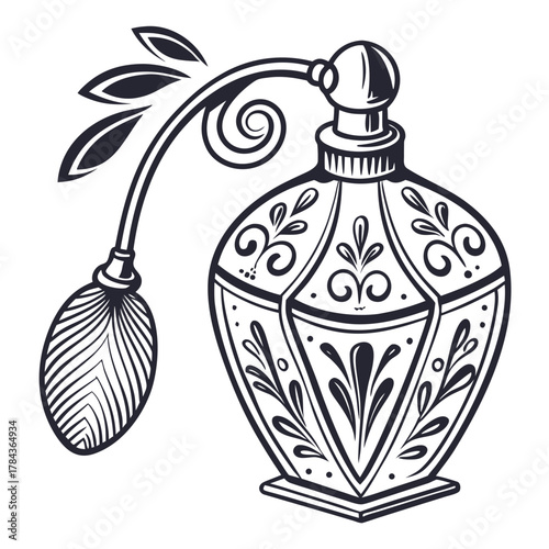 Ornate vintage perfume bottle with atomizer bulb retro