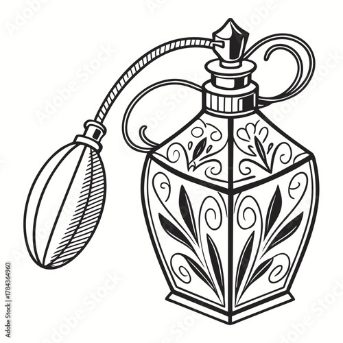 Ornate vintage perfume bottle with bulb atomizer vector