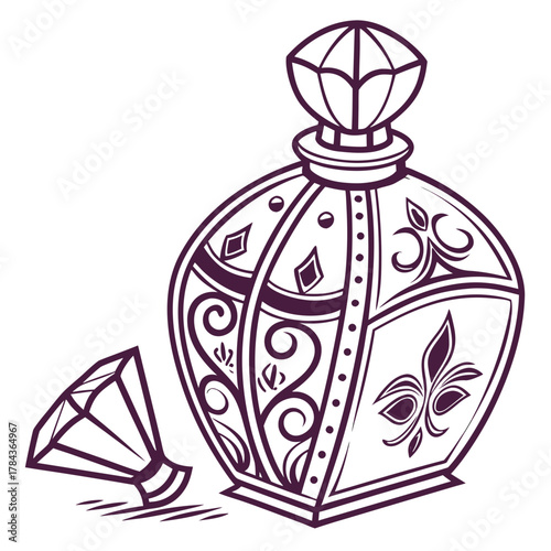 Ornate vintage perfume bottle with gem cap retro decorative