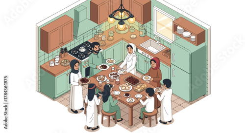 Isometric illustration of a Muslim family gathering around a table for iftar during Ramadhan in a cozy kitchen with warm lighting and traditional dishes.