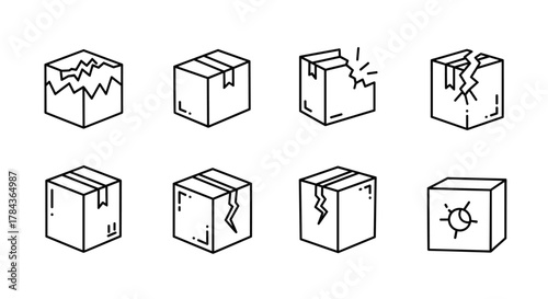 Set of eight isometric line art icons depicting various stages of damaged and intact cardboard boxes, presented on a clean white background, ideal for graphic design, app interfaces, and conceptual