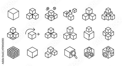 Diverse collection of line art cube icons, showcasing various arrangements and transformations, perfect for infographics, articles, books, flyers, and banners, presented as a clean vector cartoon