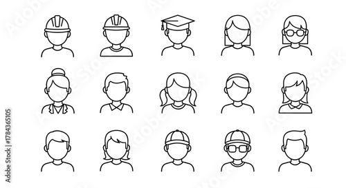 Diverse set of 15 outline user avatar icons, representing various professions and styles, including construction workers, a graduate, professionals, children, and casual individuals, perfect for