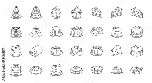 Collection of various thin line icons representing different types of cakes, including tiered cakes, cupcakes, slices of cake, bundt cakes, swiss rolls, and tarts, all on a white background, suitable