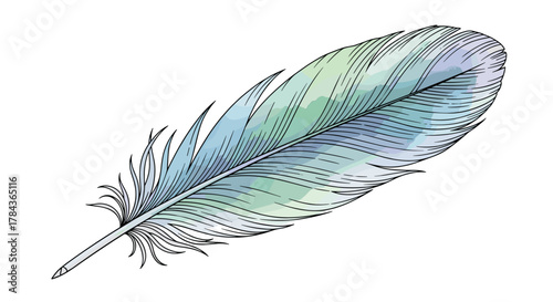Vibrant watercolor painted bird feather, hand-drawn design element isolated on a clean white background, showcasing delicate lines and a soft gradient of blue, green, and purple hues, perfect for